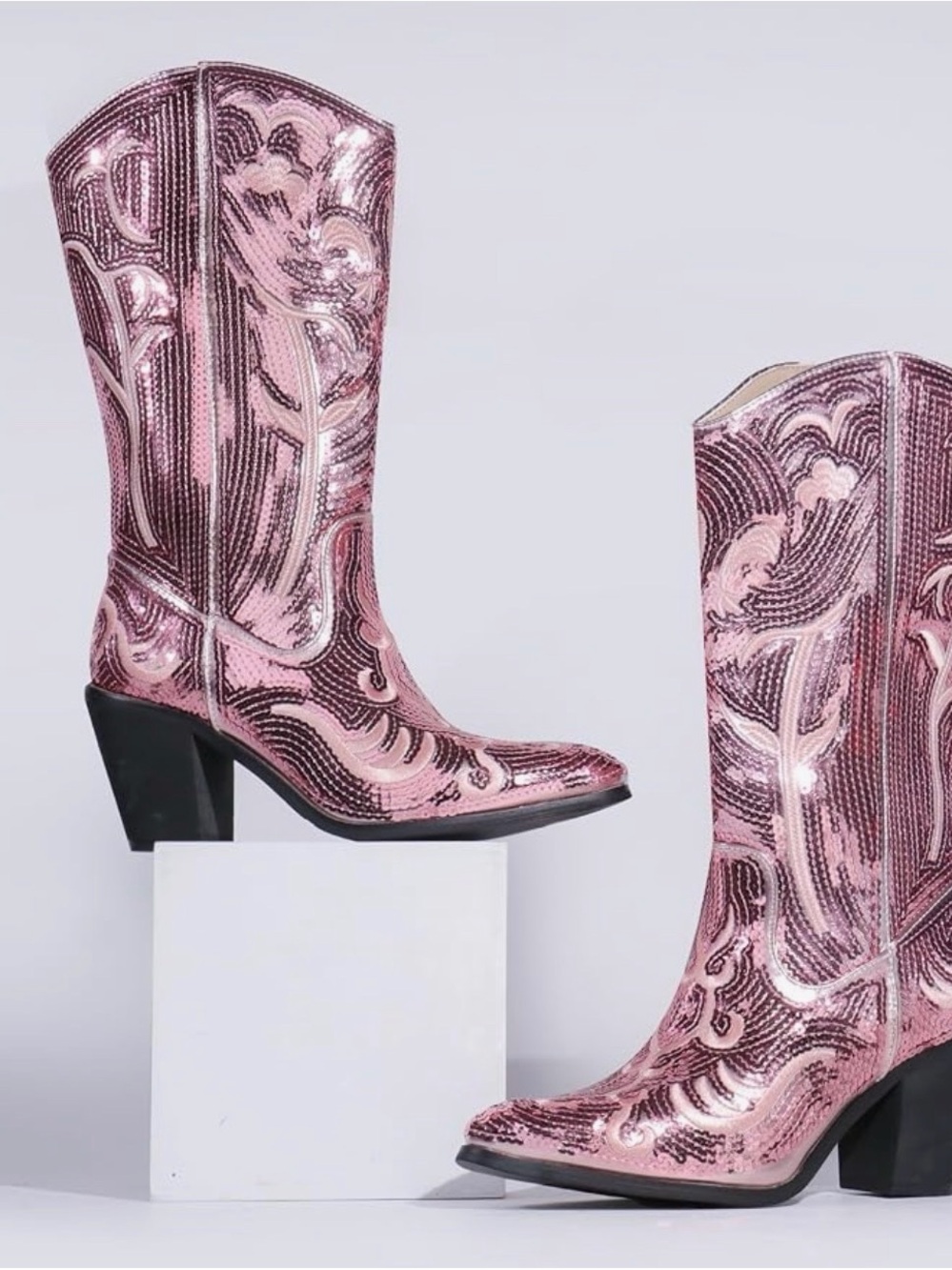Hawkwell Pink Sequin Western Heeled Boots